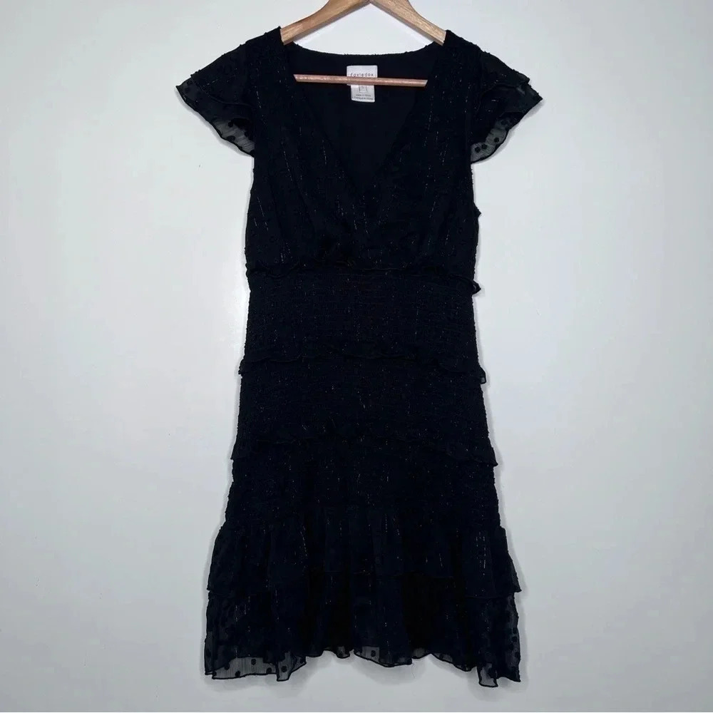 Foxiedox Anthropologie Black Smocked Ruffle Tiered Mini Dress Size Small